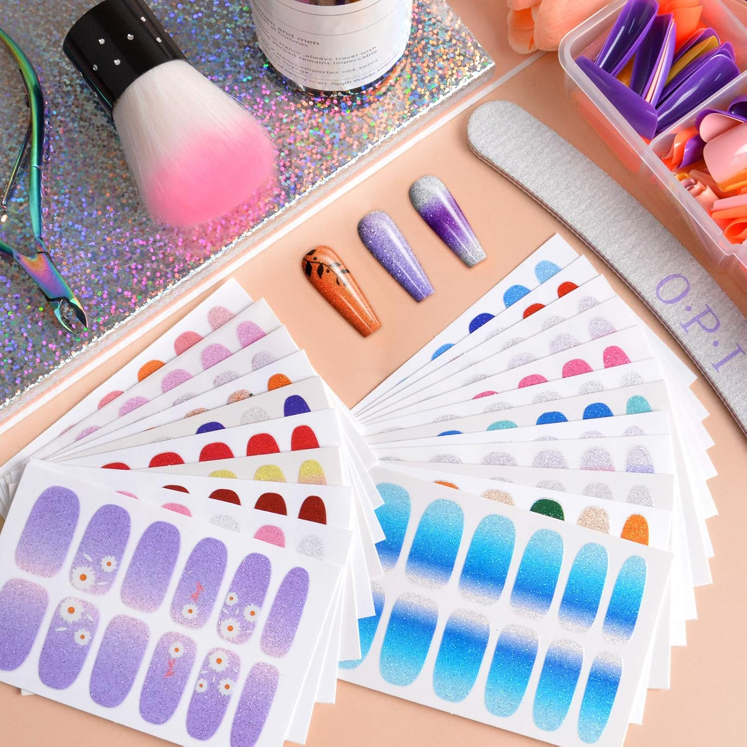 22 Sheets Full Wraps Nail Polish Stickers with Nail File, EBANKU Pure Color Shine Flower Self-Adhesive Nail Art Decals Strips Manicure Kits Nail Art Designs for Women Girls image number 5