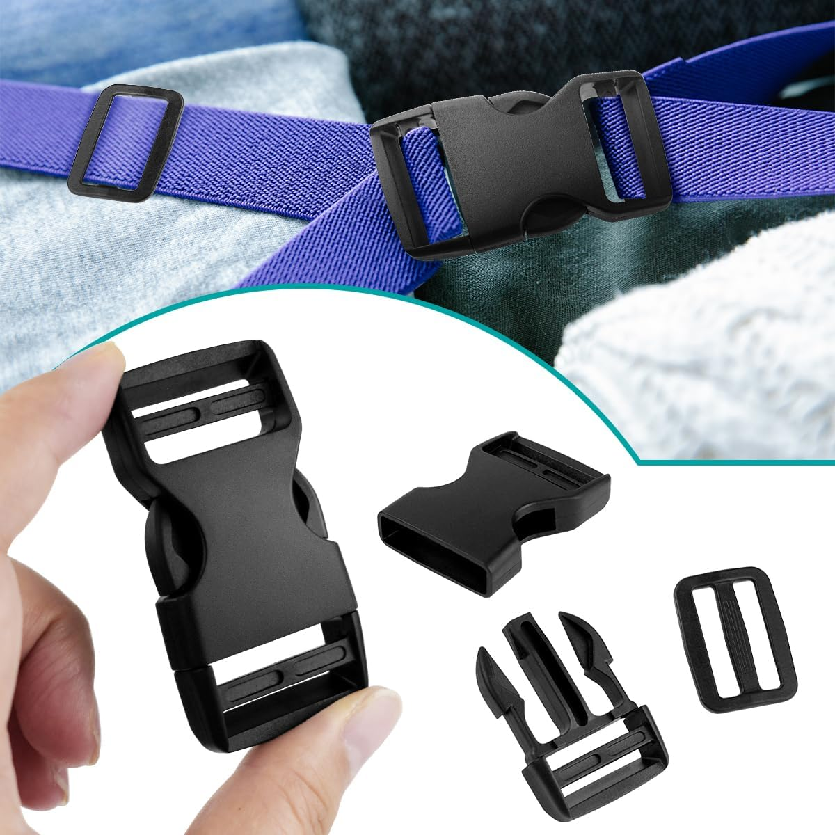 10 Set 1 Inch Buckles for Straps with 20 Pcs Tri-Glide Slide Clip, Quick Side Release Plastic Buckle Clip, Fit 1 Inch Wide Nylon Webbing Canvas Strap (Black), Black image number 5