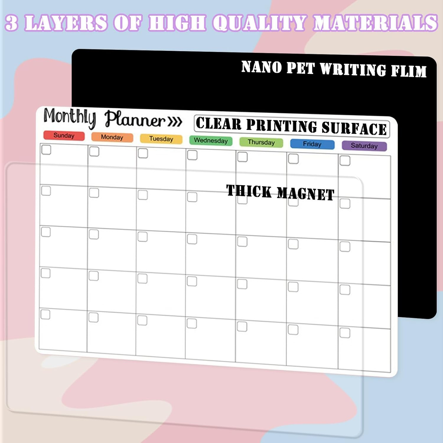 3Pcs Dry Erase Magnetic Calendar for Refrigerator, Monthly & Weekly & Daily Planner Board,With 8 Markers and Eraser for Fridge Wall Door - Shopping, Meal/Menu, to Do List, Family Schedule Plan Board image number 4