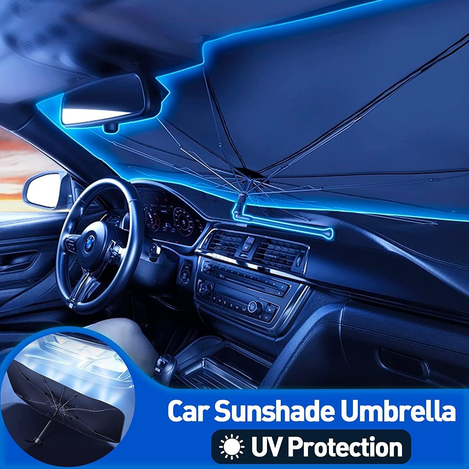 Car Windshield Sun Shade Umbrella - Foldable Car Umbrella Sunshade Cover UV Block Car Front Window (Heat Insulation Protection) for Auto Windshield Covers Trucks Cars (S) image number 1