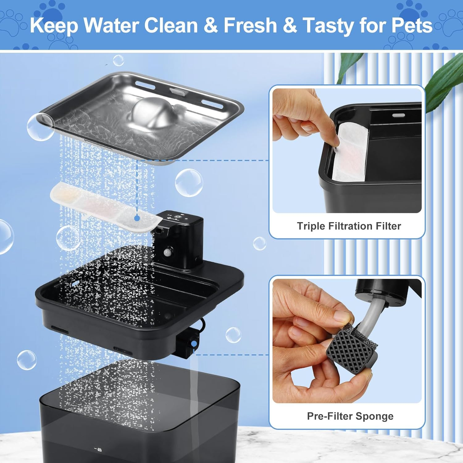 Pack of 6 Cat Fountain Filter, Feriva Cat Fountain Filter for 2.5 L Cat Fountain Wireless, Quadruple Action Pet Water Fountain Filter, Replacement Filter and Pre-Filter Sponges for Cat Drinking image number 2