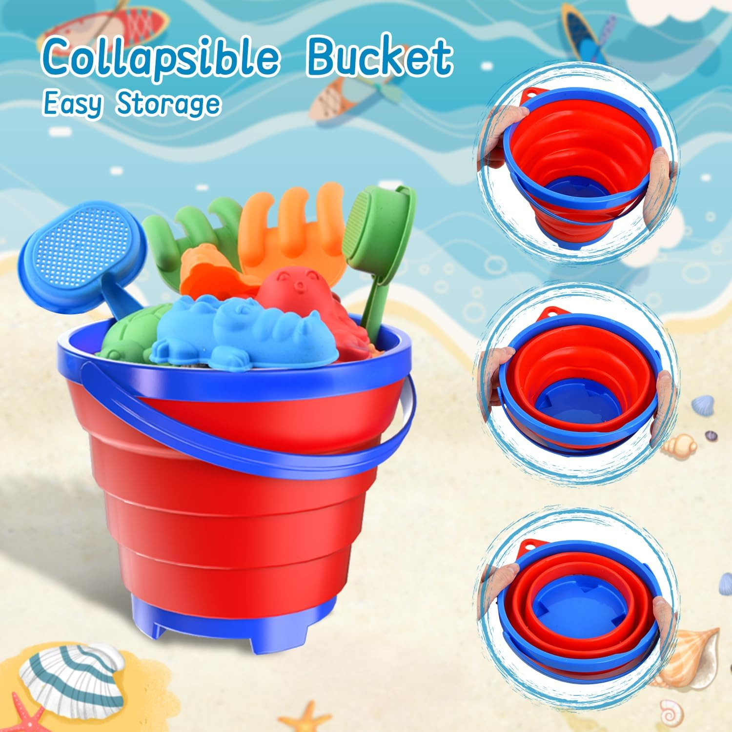 Sand Beach Toys for Kids, 3PCS Collapsible Sand Bucket, Shovel Set, Animal Molds with Big Mesh Bag, Travel Toys Fortoddlers Boys Girls Outdoor Beach Play Camping Bath Pool Water Play-14Pcs image number 3
