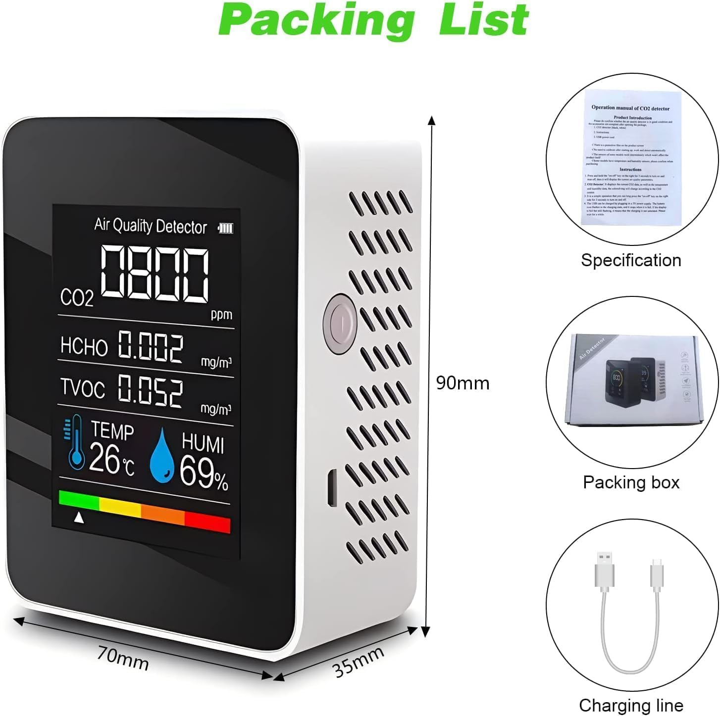 B-Qtech 5 in 1 Air Quality Monitor, Indoor Air Quality Tester Co2/Humidity/Hcho/Tvcc/Temperature Tester, Air Pollution Monitor for Home, Rooms, Grow Tents, Offices, Cars, Hospitals image number 2