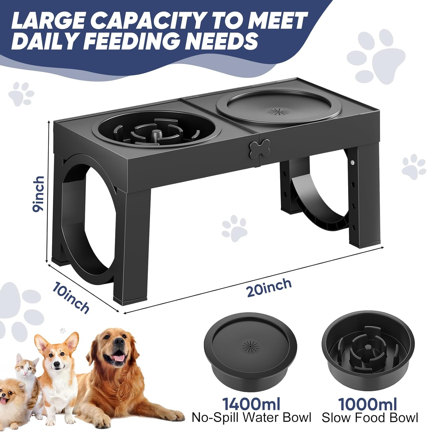 Slow Feeder Dog Bowl Stand - Elevated Dog Food and Water Bowl Set for Large Medium Sized, 4 Heights Adjustable, Non-Slip, Durable, Prevents Bloating & Improves Digestion Black image number 6