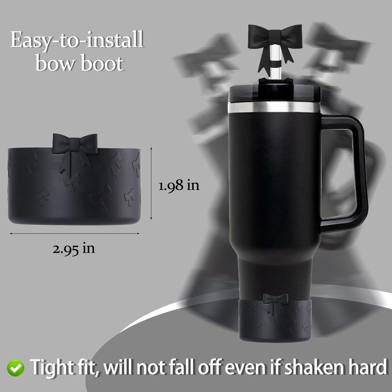 Lnulyaciy Bow Silicone Protective Boot for Stanley Cup 20/30/40Oz, Bow Straw Cover Topper with 10Mm/0.4In, Compatible 12-24Oz Hydroflask Tumbler and More Bottles 2.83-3In Bottom (Black Set) image number 6