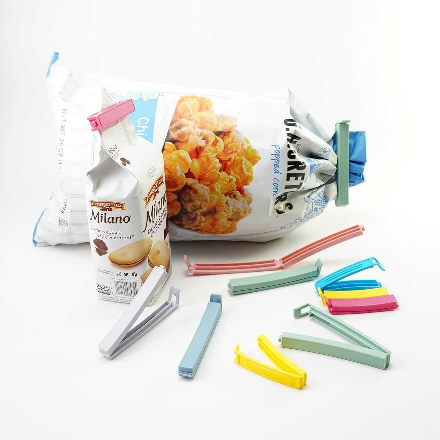 MOLANLY 34 PCS Plastic Chip Clips for Food Packages, Curved Design Sealing Bag Clips for Food, Kitchen and Home, 2 Sizes(4.3Inch X 20, 3.1Inch X 12) image number 2