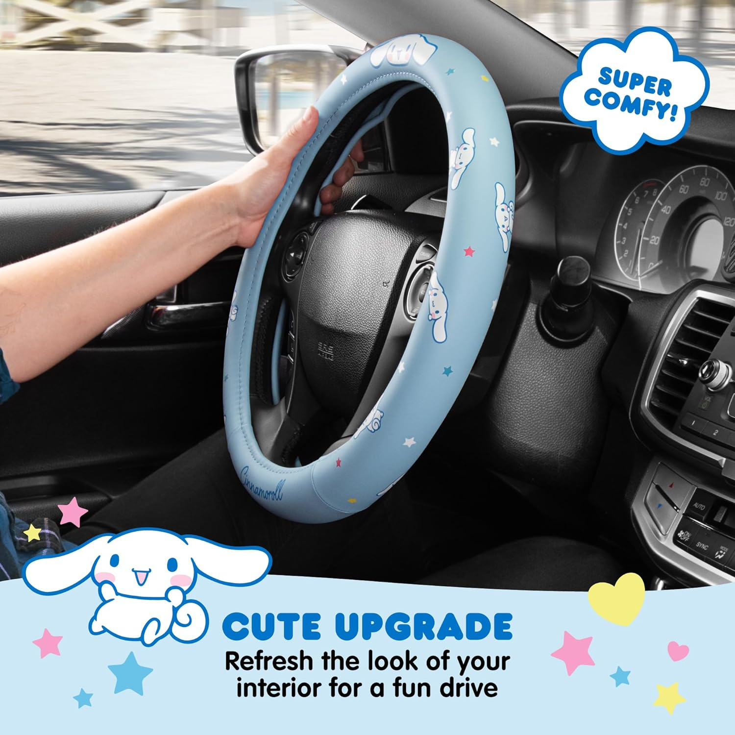 Sanrio Hello Kitty and Friends Cinnamoroll Blue Car Steering Wheel Cover, Universal Fit Cute Accessories for Women Stylish Decor Gifts Hello Kitty Car Accessories - Fits Standard Wheels 14.5"-15" image number 2