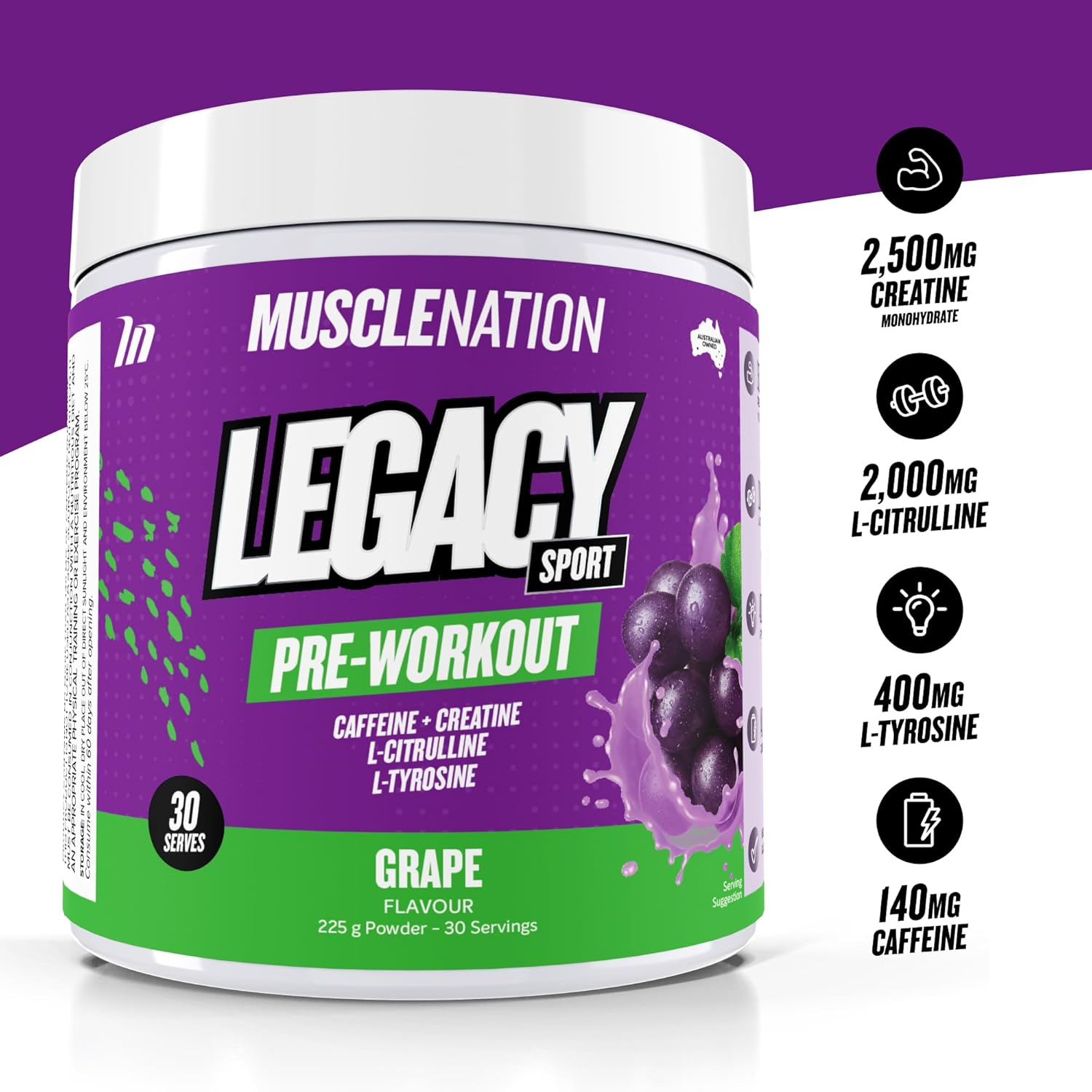 Muscle Nation Pre-Workout Grape Legacy Sport 225G (30 Serves) image number 1