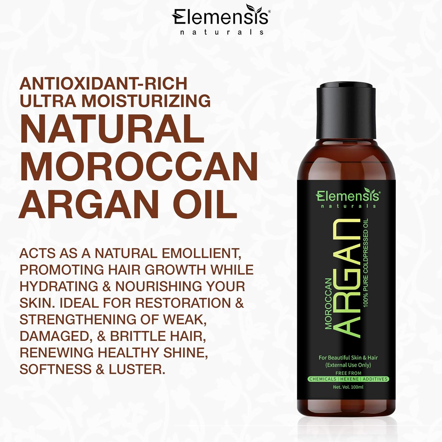 Elemensis Naturals Argan Oil Pure & Natural Therapeutic Grade, Cold Pressed for Hair, Skin & Face (100Ml) image number 2