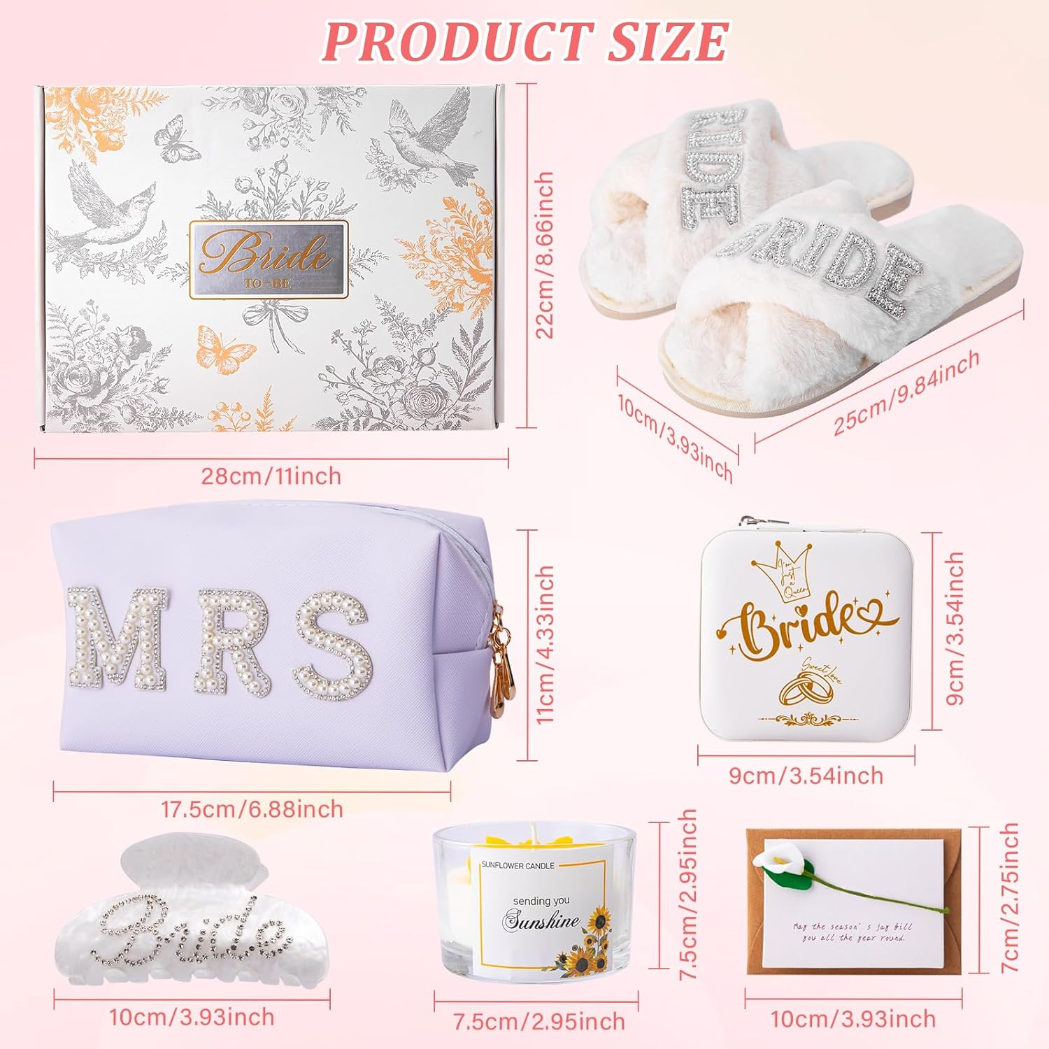 7Pcs Bride to Be Gifts, Bridal Shower Bachelorette Gift Set, Unique Engagement Wedding Day Basket for Women Her Wifey Future Mrs, Including Makeup Bag Slippers Hair Clip Scented Candles Jewelry Box image number 4