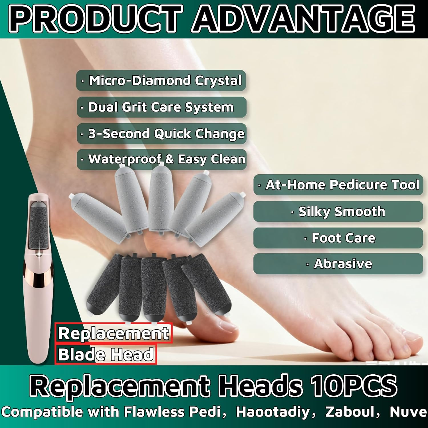 10 Pack Pedicures Replacement Heads for Flawless Replacement Heads，Electric Feet Callus Remover Roller Refills，Compatible with Flawless Pedi，Haootadiy，Zaboul，Nuve (5 Black Coarse and 5 Gray Fine) image number 1