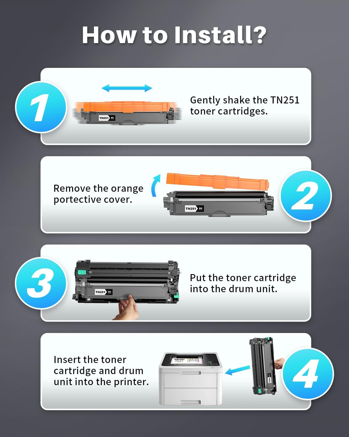 TN251 4Pack Toner Cartridges Compatible Replacement for TN251 TN255 TN-251 TN-255 Work with MFC-9335CDW, HL-3150CDN, HL-3170CDW, MFC-9140CDN, MFC-9330CDW, MFC-9340CDW (BK/C/M/Y, 4 Pack) image number 4