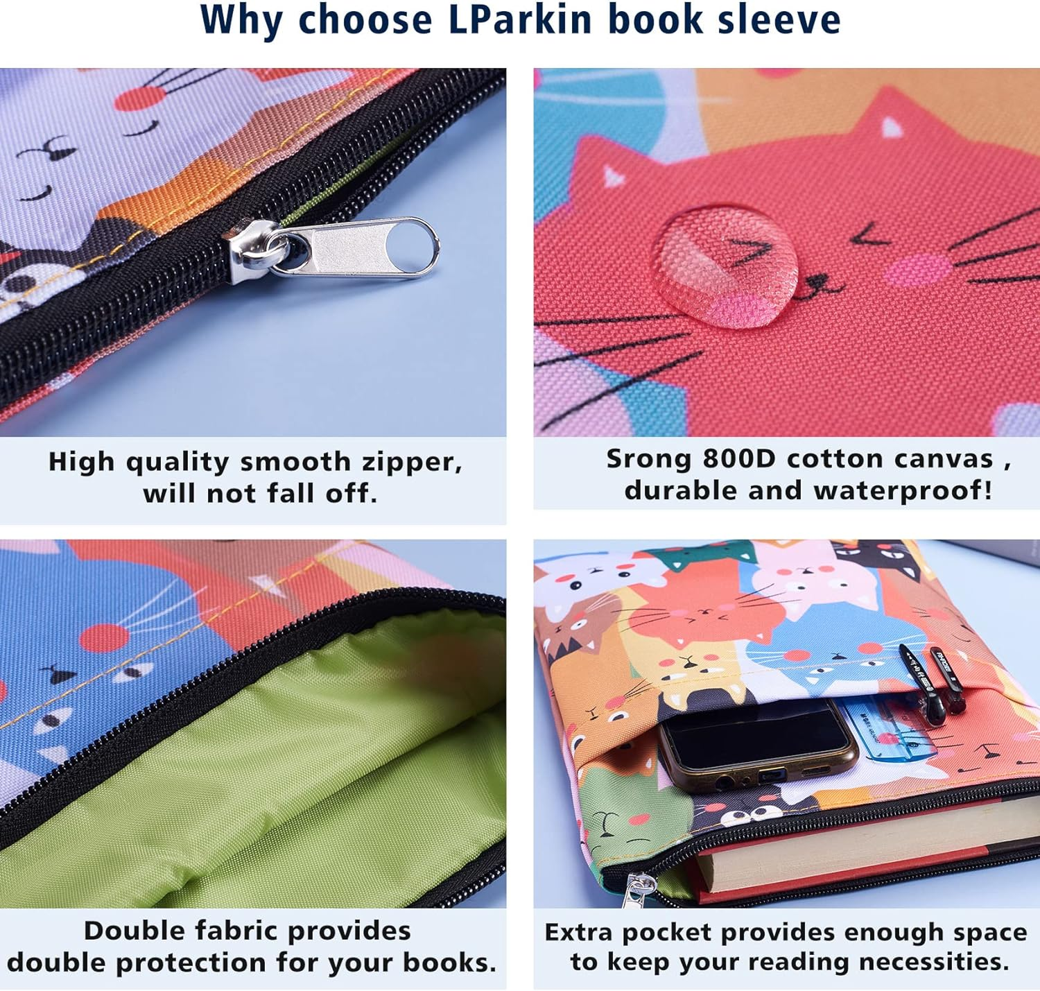 Cat Book Sleeve, Book Covers for Paperbacks, Washable Fabric, Book Sleeves with Zipper, Medium 11 Inch X 8.7 Inch Book Lover Gifts