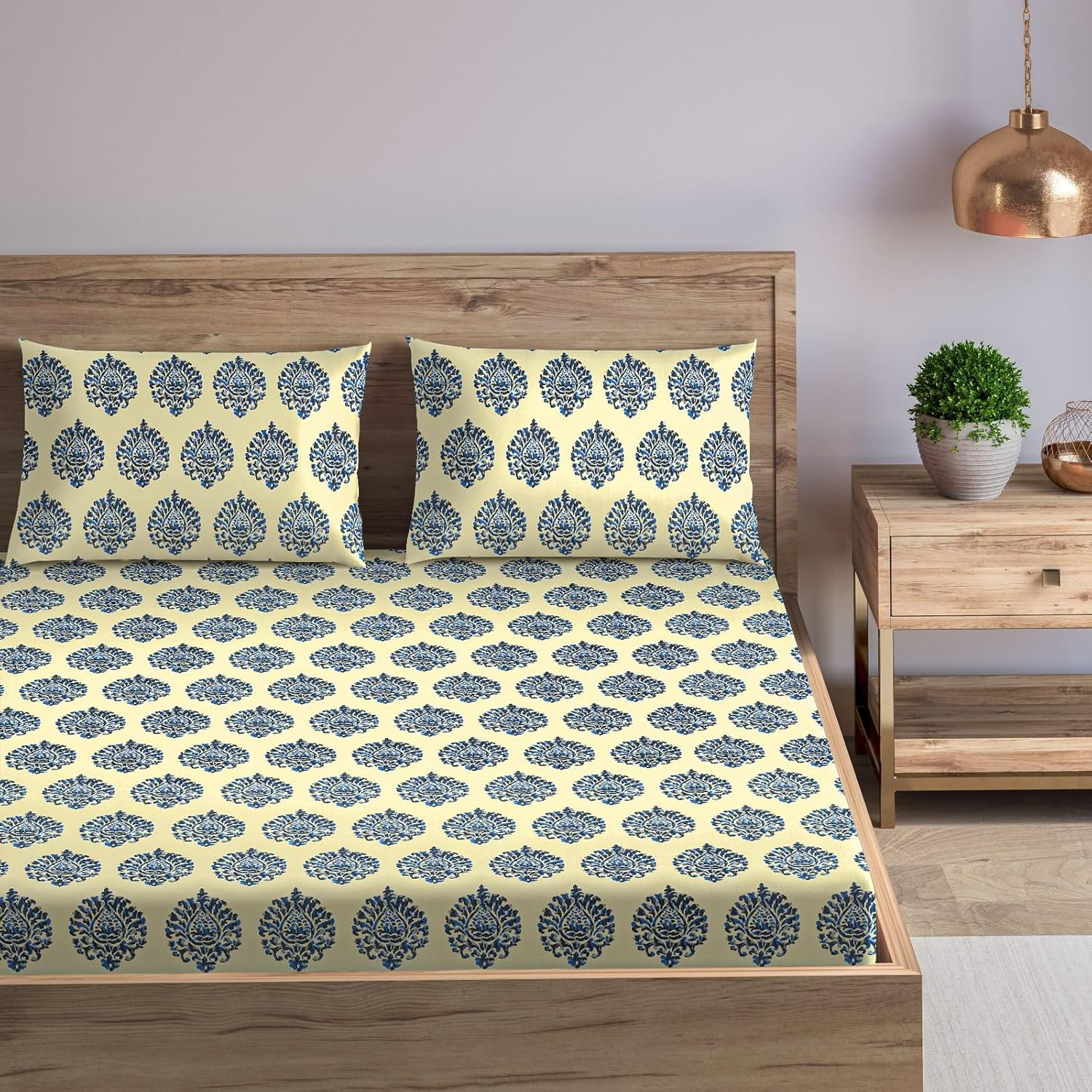 Trance Home Linen 200TC 100% Cotton Queen Size Printed Bedsheet | Bedding Set of Queen Size Flat Bed Cover with 2 Pillow Covers (86X104 Inch | 7.1Ft X 8.6Ft - Damask Blue) image number 2