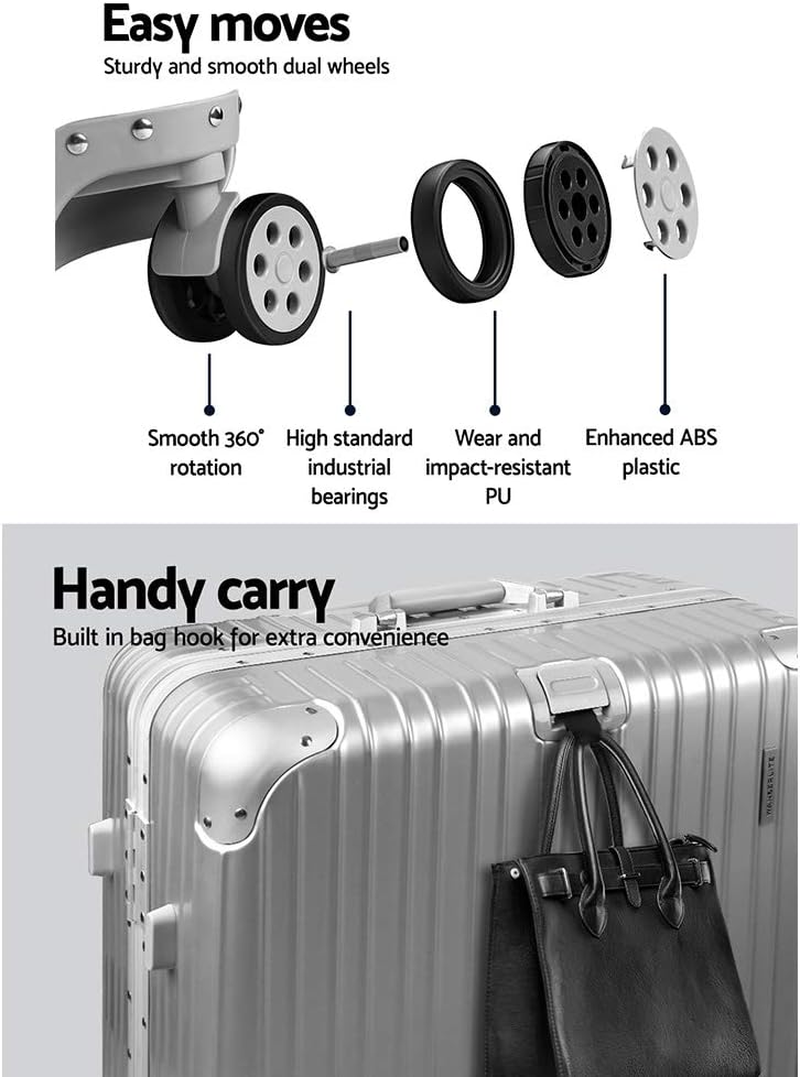 Wanderlite Luggage Set 28" Silver Suitcase Hand Luggages Travel Hard Case Hardside Shell Trolley, Carry on Bag Rolling Lightweight, TSA Lock Aluminium Frame - Silver image number 6