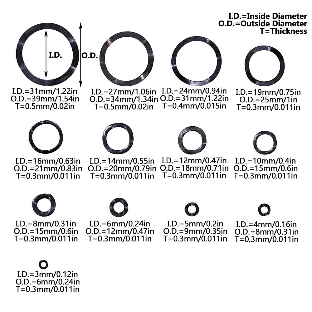 Washers Assorted, 320Pcs Carbon Steel Wavy Wave Crinkle Spring Washers, Compression Type Wavy Wave Crinkle Spring Washers Assortment Kit image number 5