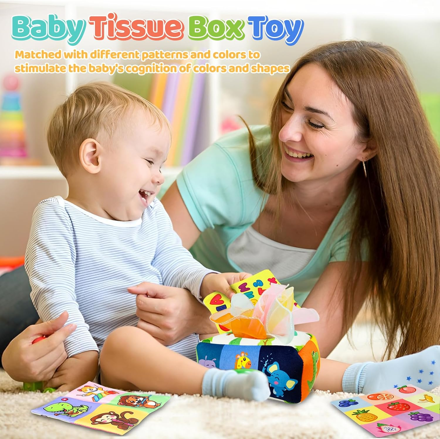 Oundarm 5 in 1 Montessori Sensory Toys for Baby Toddlers Pull String Activity Toy Stacking Cups Shape Sorter Cube Animals Tissue Box Wooden Geometric Shape Puzzles Educational Toys for 1 2 3 Years Old image number 6