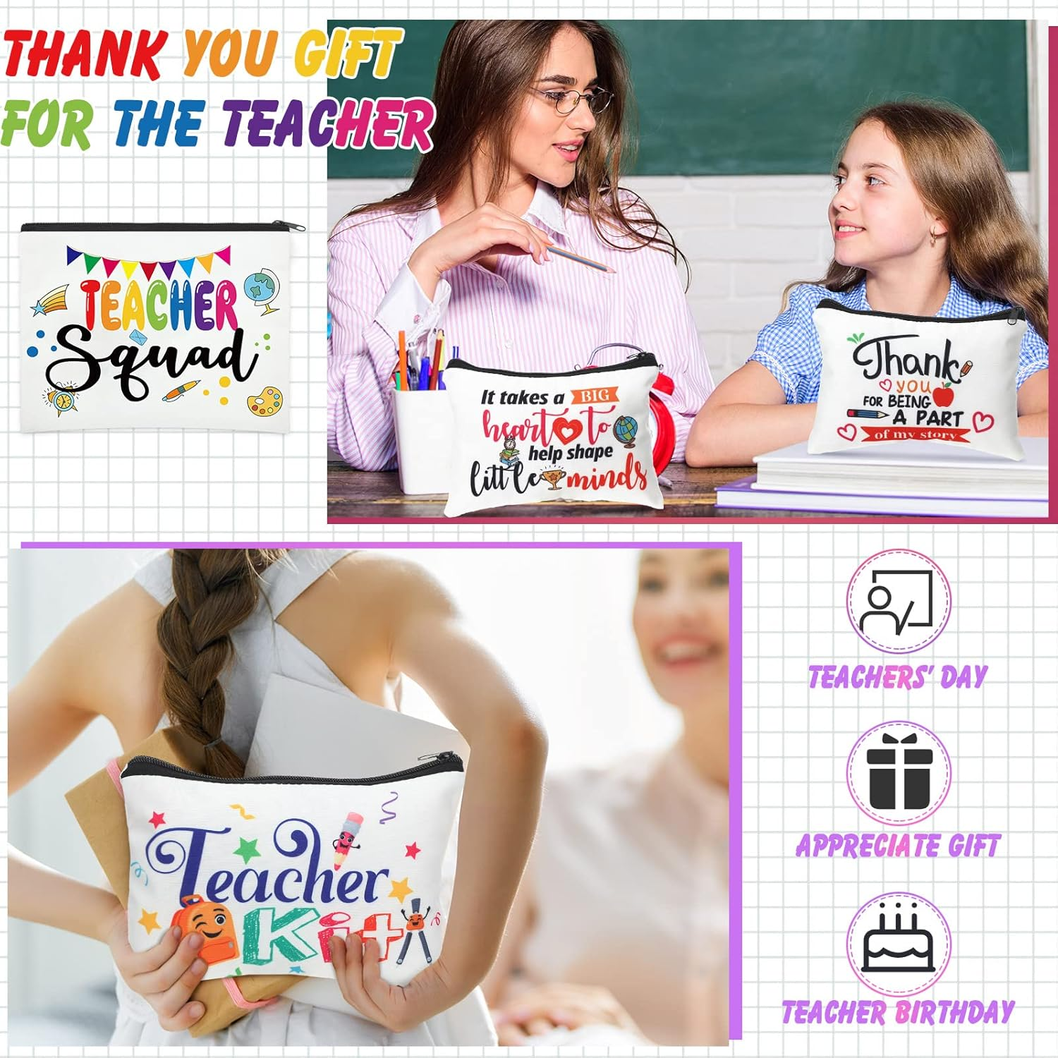 Hillban 32 Pieces Teacher Back to School Gifts Teacher Appreciation Gifts Women Cosmetic Makeup Bag Funny Pencil Pouch for Graduation Birthday, Multicolor, about 9.1 X 5.9 Inches/ 23 X 15 Cm, Cute image number 5