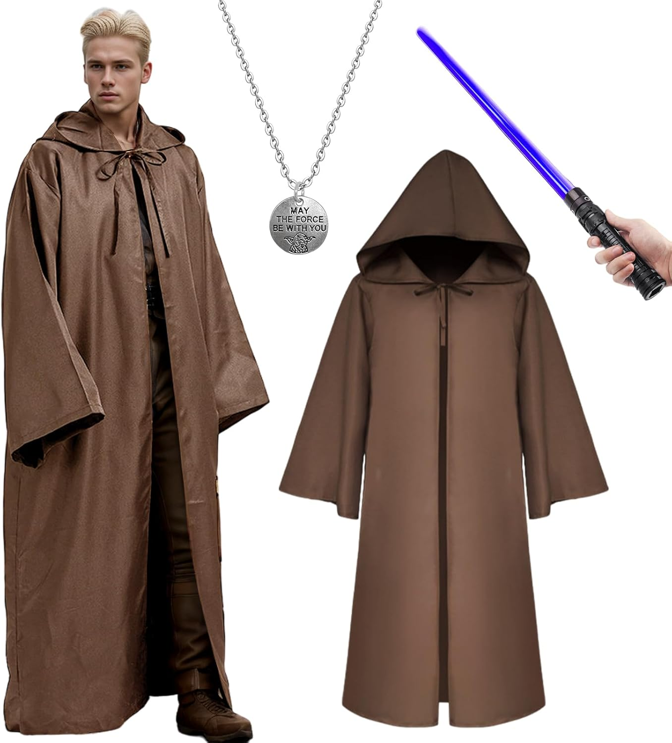 Hooded Cloak Robe Jedi Adult, Jedi Hooded Cape Costume Set with Accessories and Necklace Wizard Master Knight Robe Costume Cosplay for Halloween Masquerade Balls