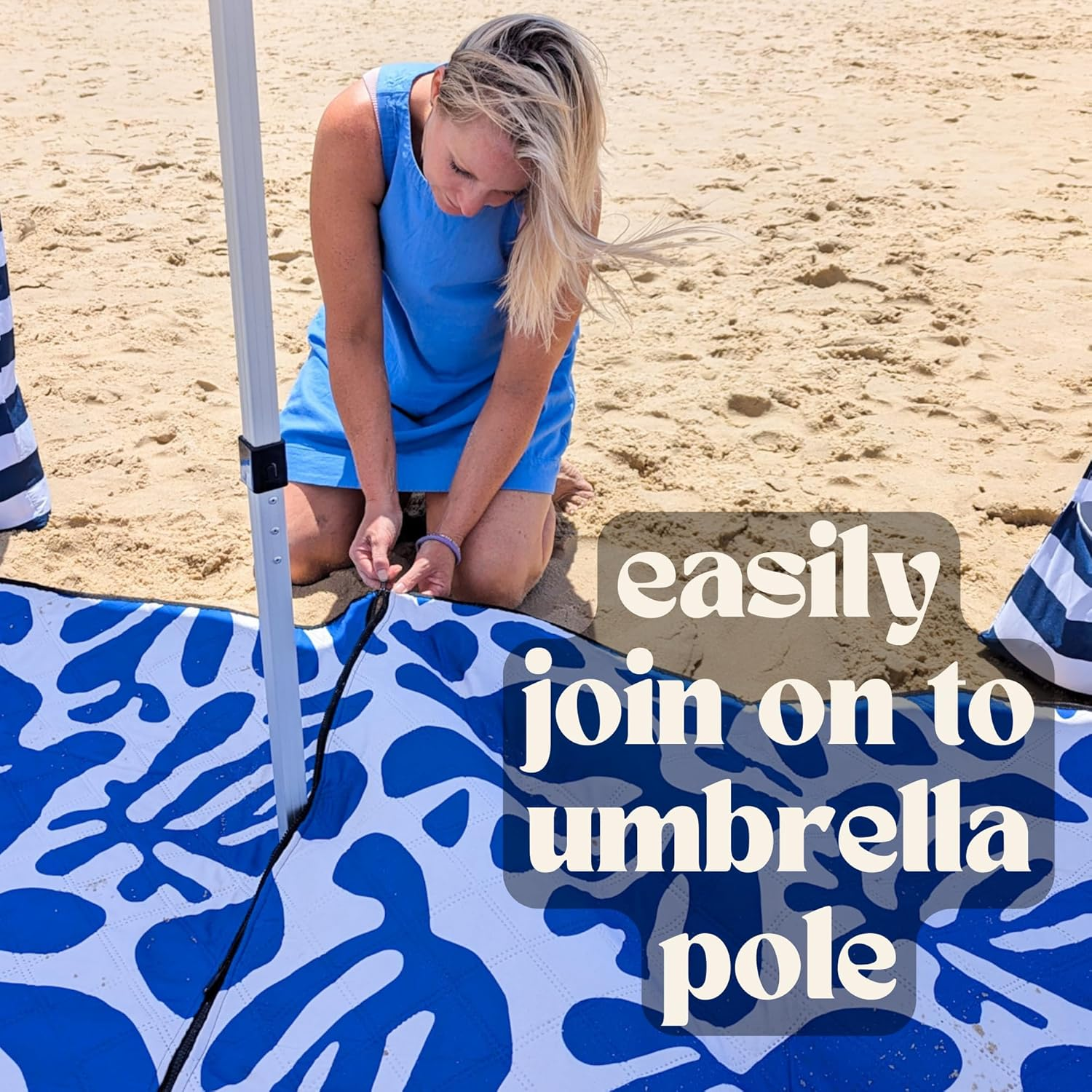 2M * 2M Cabanamate Picnic Rug &ndash; Adjustable Zip-Slit Design for Cabana or Umbrella, Sand-Resistant Beach Mat, Water-Resistant, Lightweight & Eco-Friendly (Blue Coral) - Blue Coral image number 5