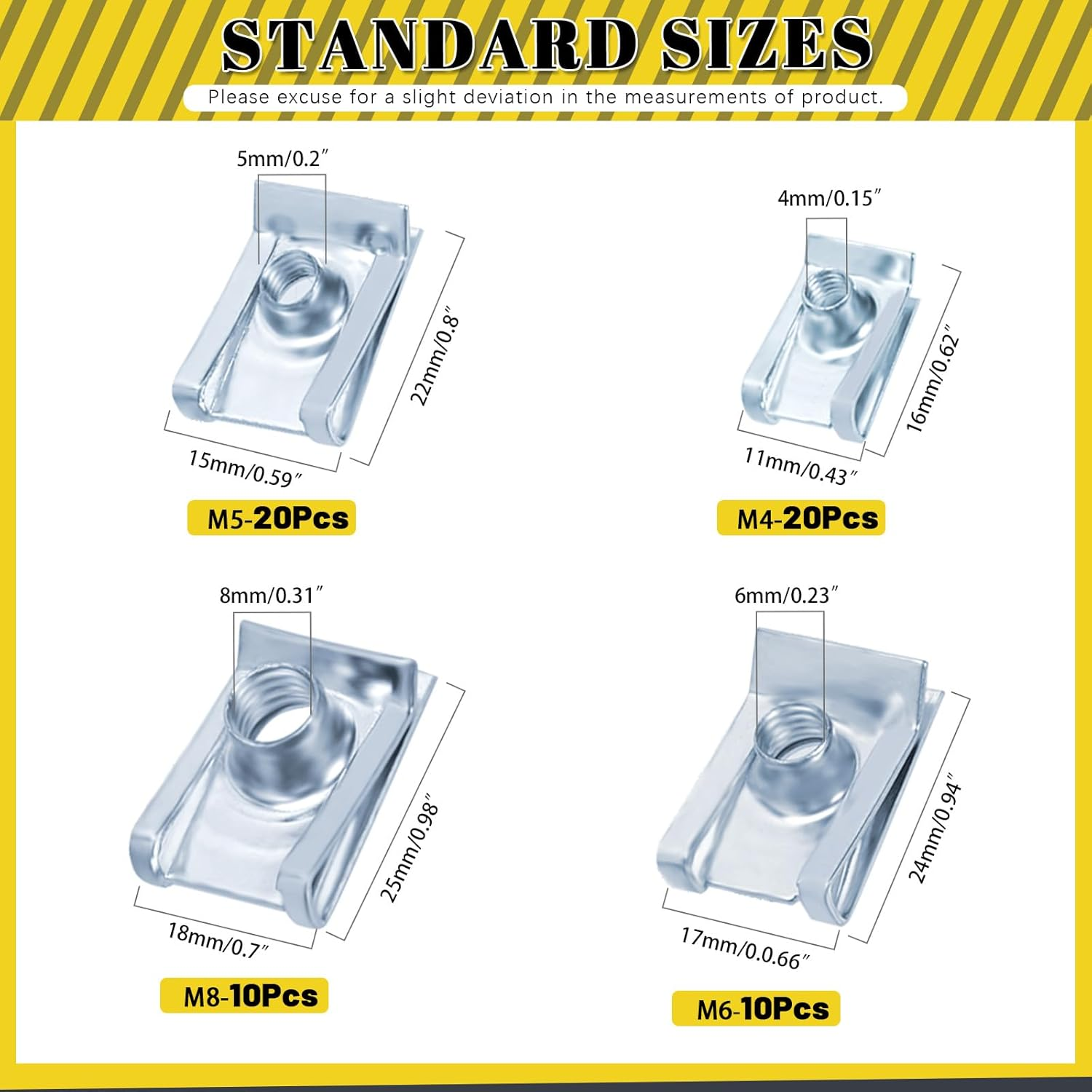 60Pcs M4 M5 M6 M8 Auto Car U-Clip, Automotive U Nut Clips U-Style Clip-On Nuts U Fastener Clips U Clip Nuts for Engine Fender Bumper Dash Door Panel Interior, Carbon Steel Zinc-Plated image number 4