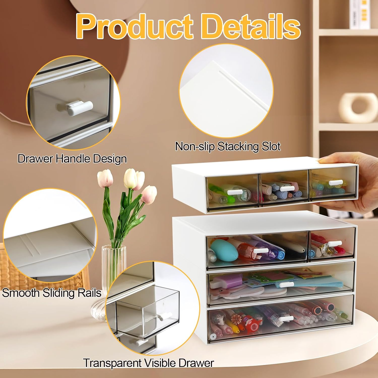 4 Tier Desktop Organizer with 7 Drawers, FHDUSRYO Stackable Desk Storage Box with Non-Slip Pads, Tidy Makeup Desk Organizer File Rack for Office Supplies, Home Storage image number 1