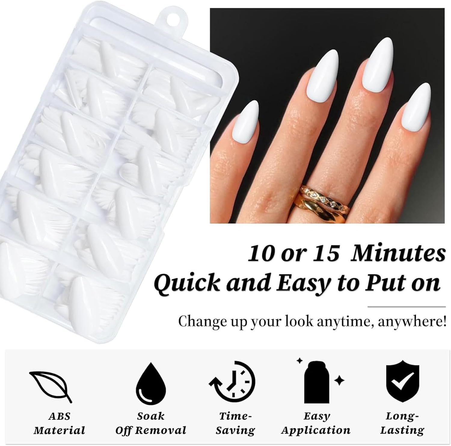Lunarcharm 240 Pieces White Almond Press-On Nails Medium Size False Nails, Artificial Nail Tips - Black image number 6