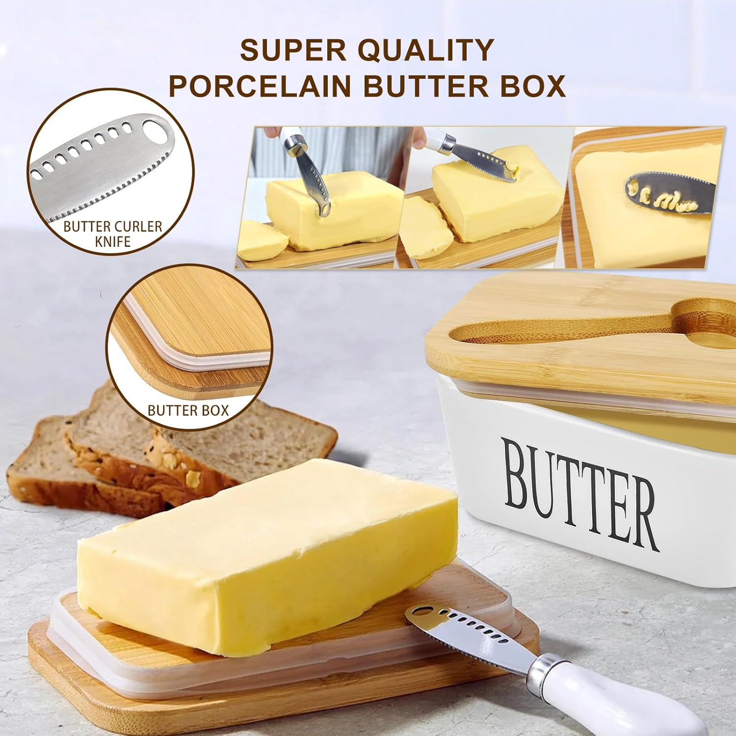 Porcelain Butter Dish with Lid for Countertop Butter Dish Metal Butter Keeper with Stainless Steel Multipurpose Butter Knife Butter Container with Quality Silicone Good Kitchen Gift White image number 4