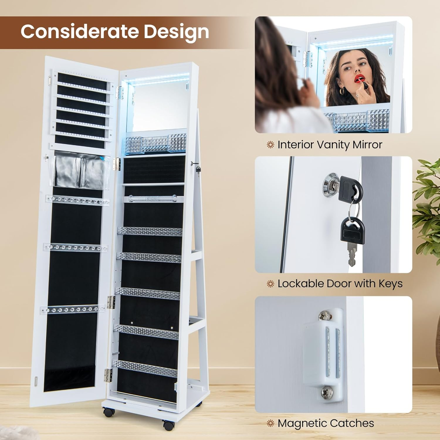 Costway Mirror Standing Jewelry Organizer, Cosmetic Storage Organizer with Lock, 3 Color LED Lights, Built-In Vanity Mirror, Universal Wheels, Freestanding Makeup Storage Cabinet image number 2