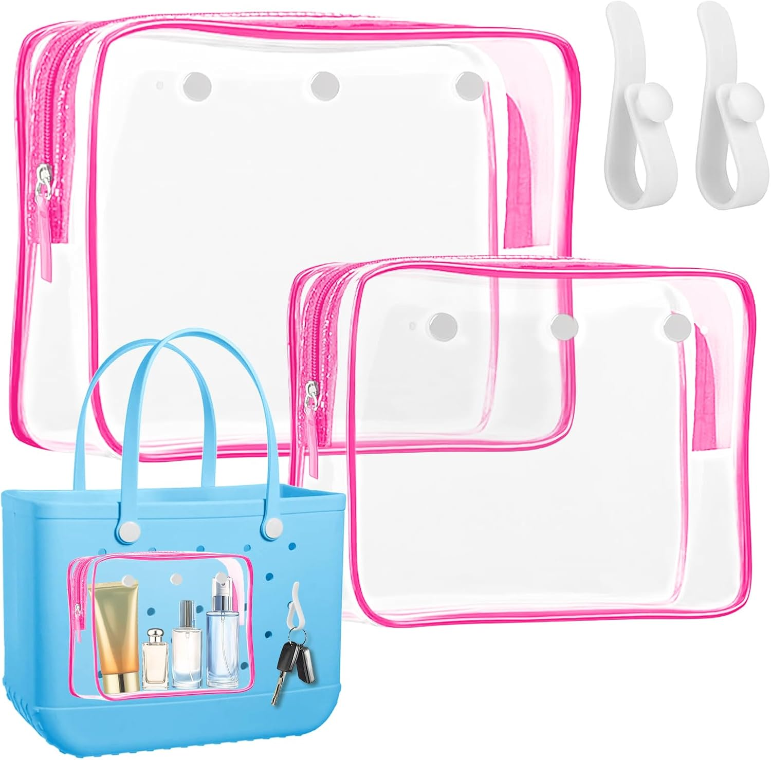 2 Pack Clear Inner Pouch Tote Bag with 2 Insert Hooks for Bogg Bag, Divider Storage for Travel Cosmetic Makeup Clean Organizer, White, Modern