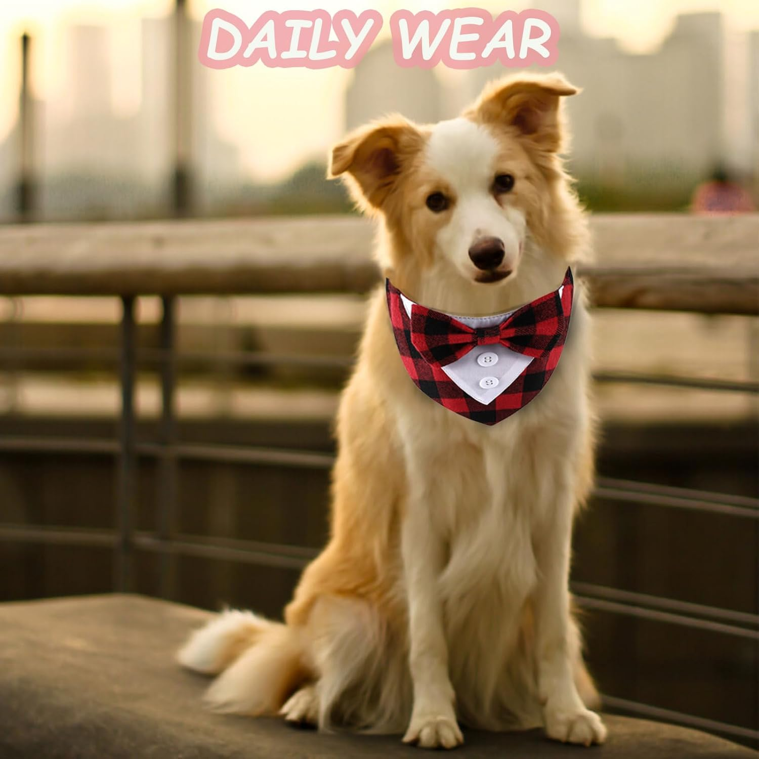 KASESSS Dog Tuxedo Bandana, Dog Bandana with Bow, Formal Dog Neckerchief Cotton, Dog Bow Tie Bandana with Red Plaid Bow, Adjustable Velcro Dog Wedding Bandana, Dog Bandanas for Medium Large Dog(L) image number 1