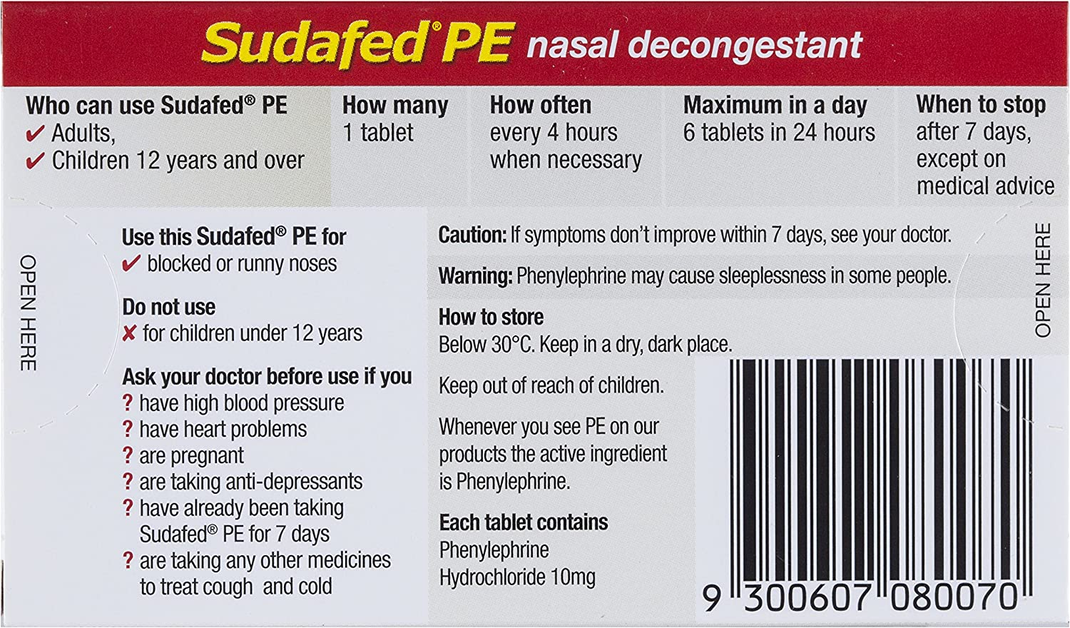 Sudafed PE Nasal Decongestant Tablets 20 Pack | for Temporary Relief of Blocked or Runny Nose