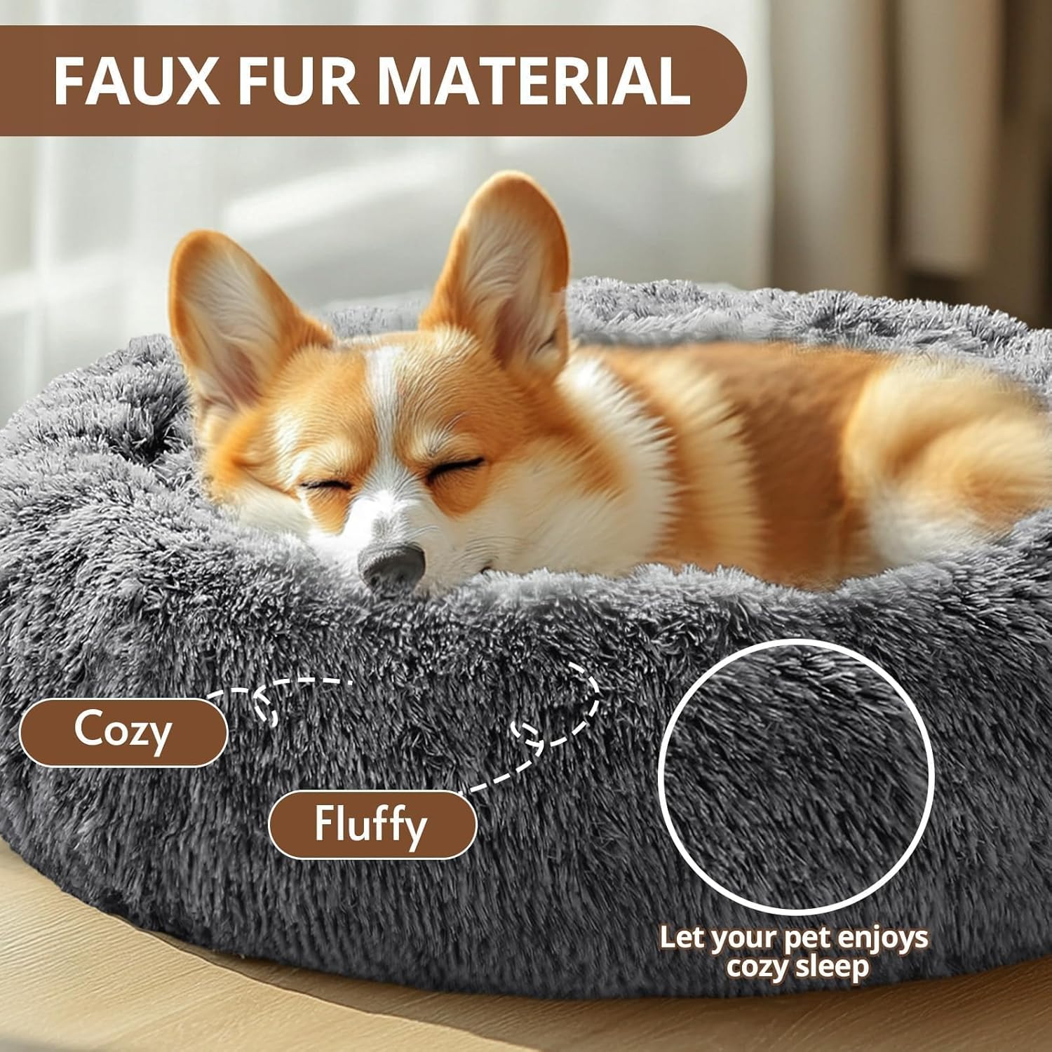 JOLLYVOGUE Calming Dog & Cat Bed, Donut Washable Small Dog Bed, 36 Inches Anti-Slip round Fluffy Plush Faux Fur Pet Bed, Fits up to 125 Lbs Pets (20"/24"/28"/32"/36") image number 4