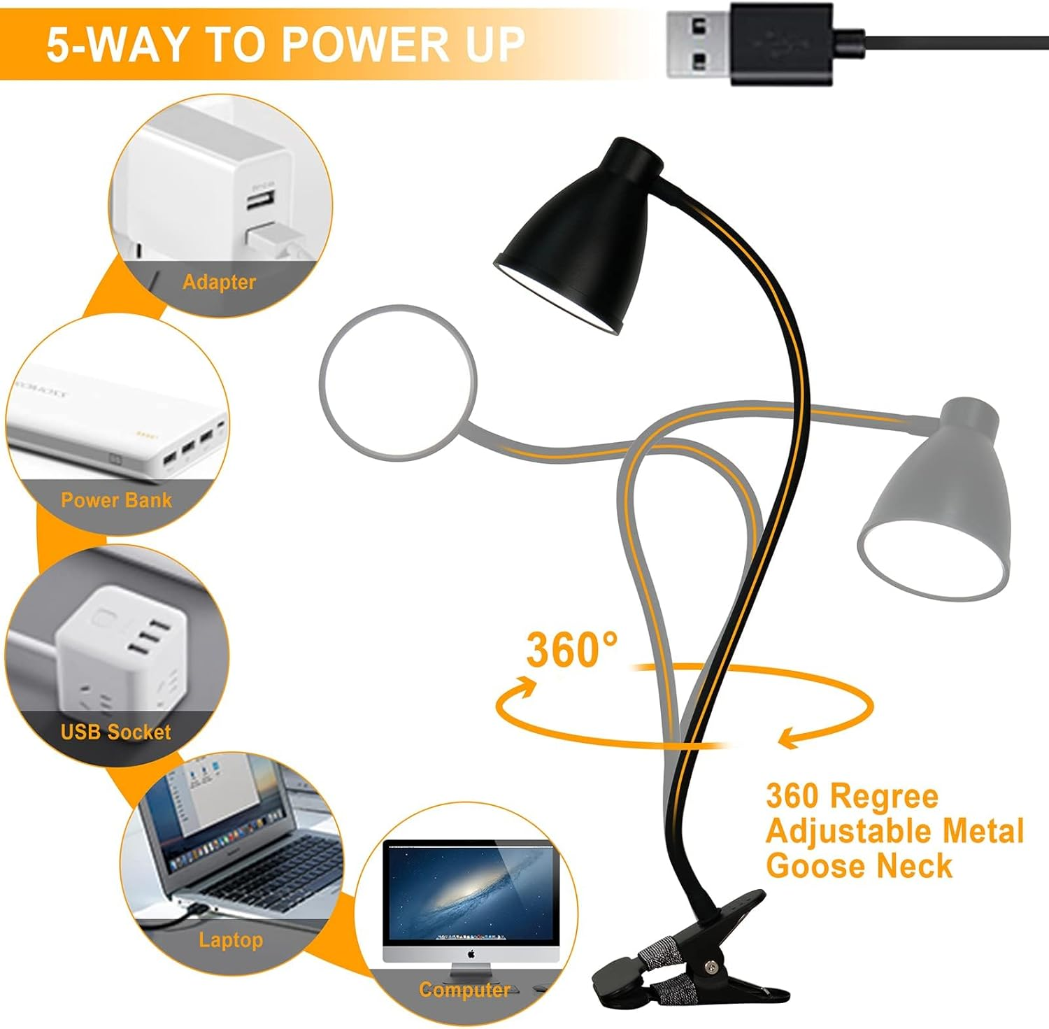 LTZEMOO Desk Lamp 3 Color Modes 10 Brightness Dimmer Reading Light 10W 38 LED Clamp Lamp with Auto off Timer 360&deg; Flexible Gooseneck Clip on Light for Bed Bedside, AC Adapter Include image number 6