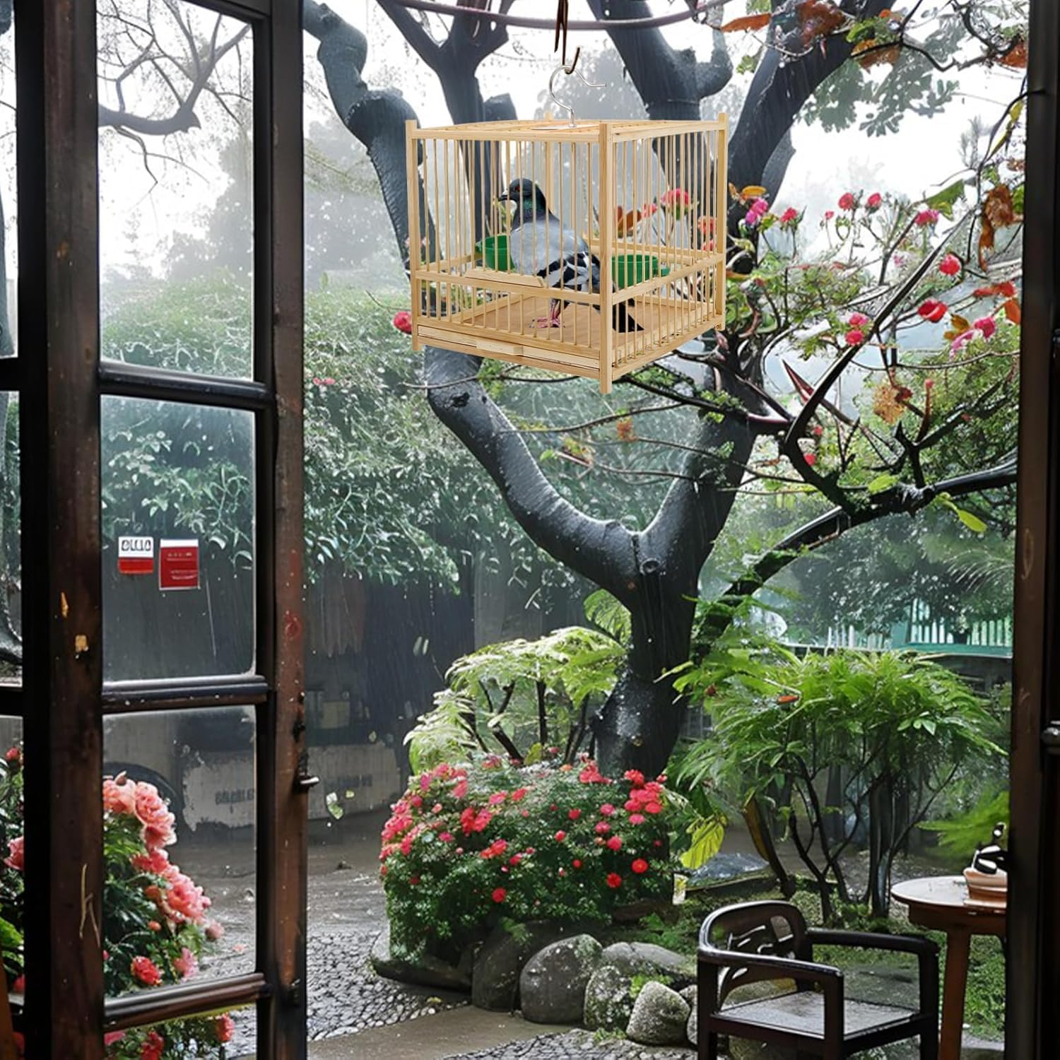 WADY 1Set Bamboo Bird Cage, Bamboo Handmade Boutique Birdcage, with Feeder Plastic Hanging Bird House Carrier, Small Parrot Cage Budgie Lovebird Cockatiel Carrier for Tray and Handle image number 2