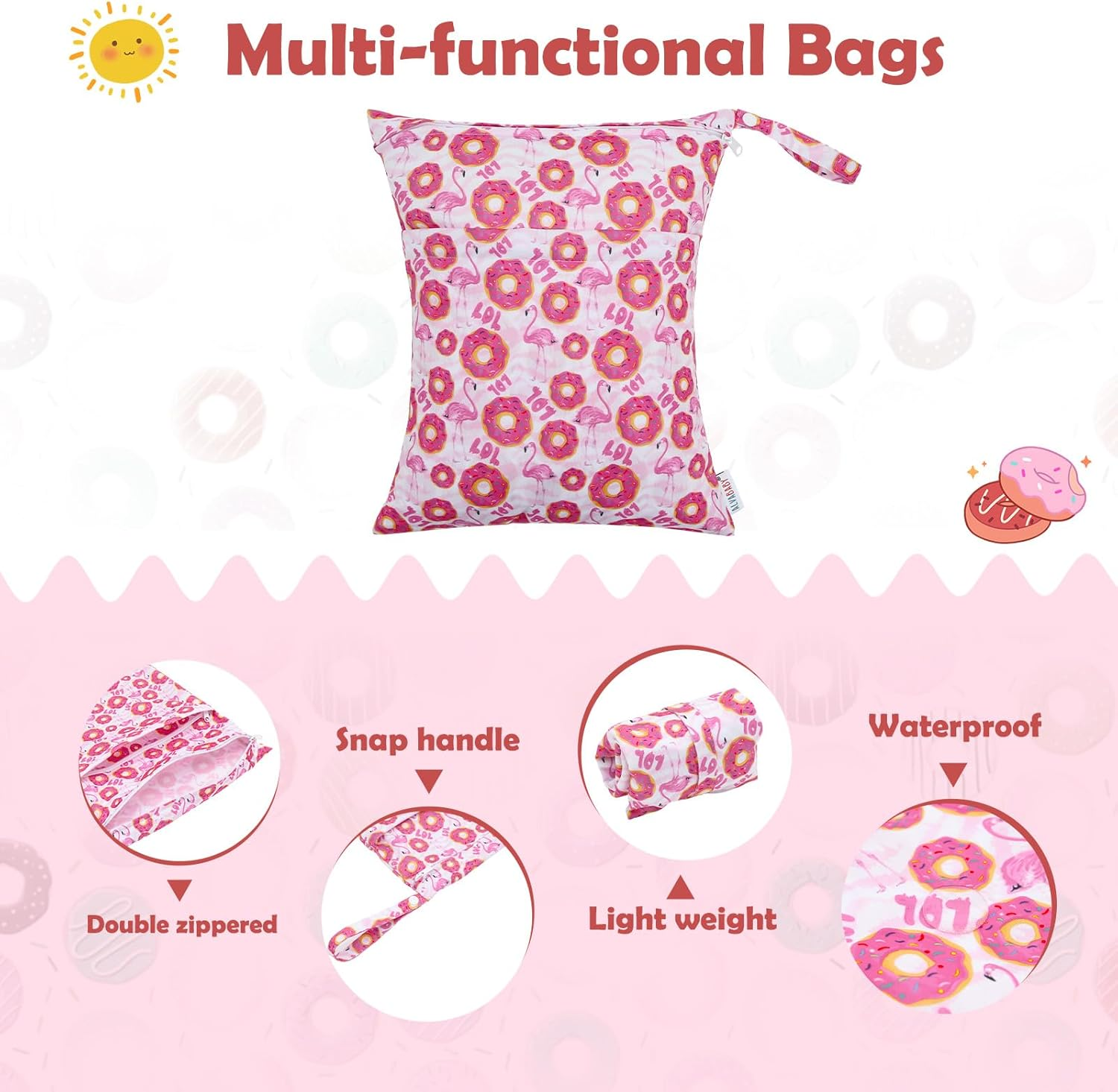 ALVABABY 3Pcs Cloth Diaper Wet Dry Bags Waterproof Reusable with Two Zippered Pockets Travel Beach Pool Daycare Soiled Baby Items Yoga Gym Bag for Swimsuits or Wet Clothes 3L-ZM21A image number 5