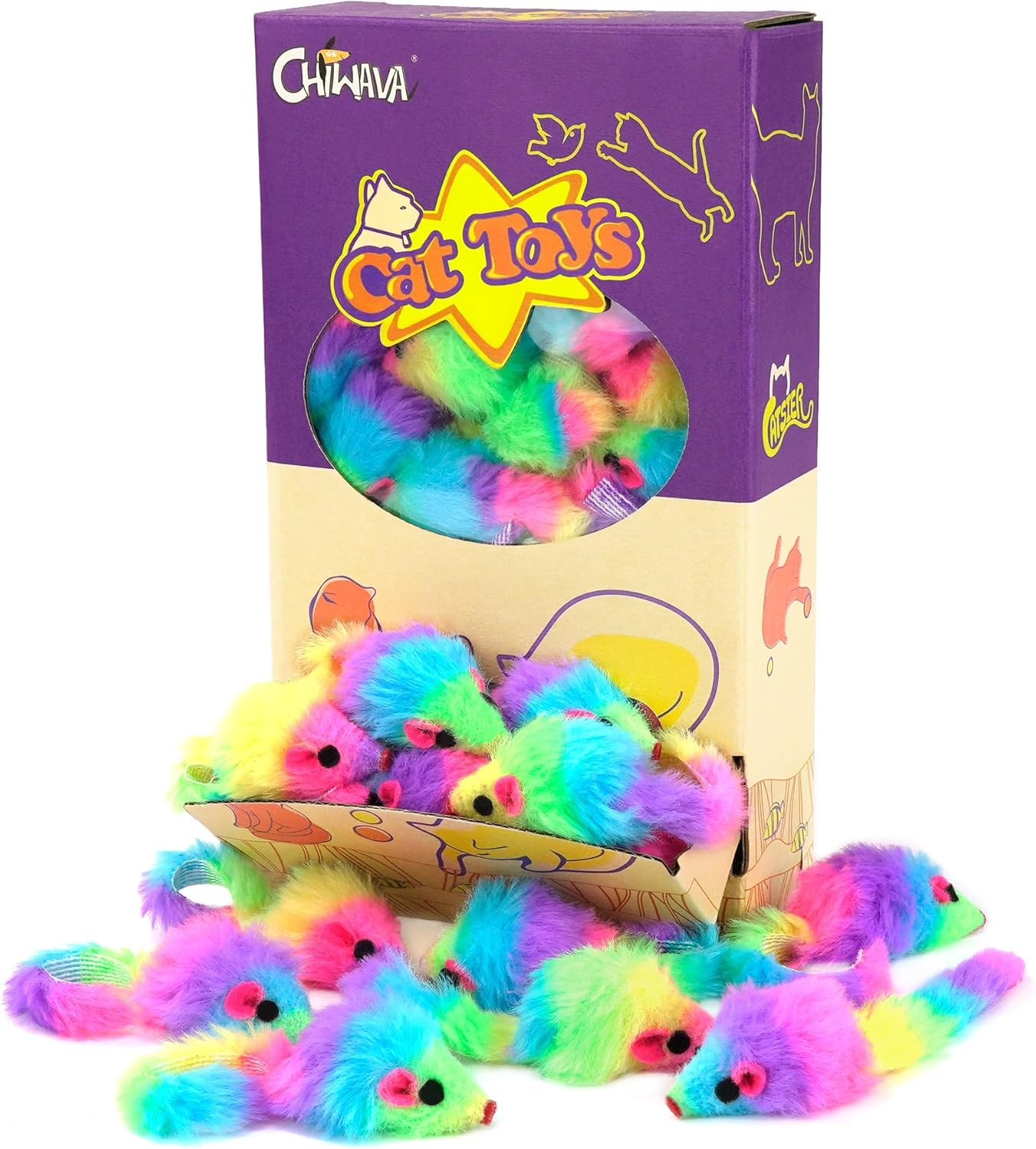 CHIWAVA 36PCS 1.8" Rainbow Color Furry Cat Toy Mice with Rattle Kitten Mouse Interactive Play image number 5