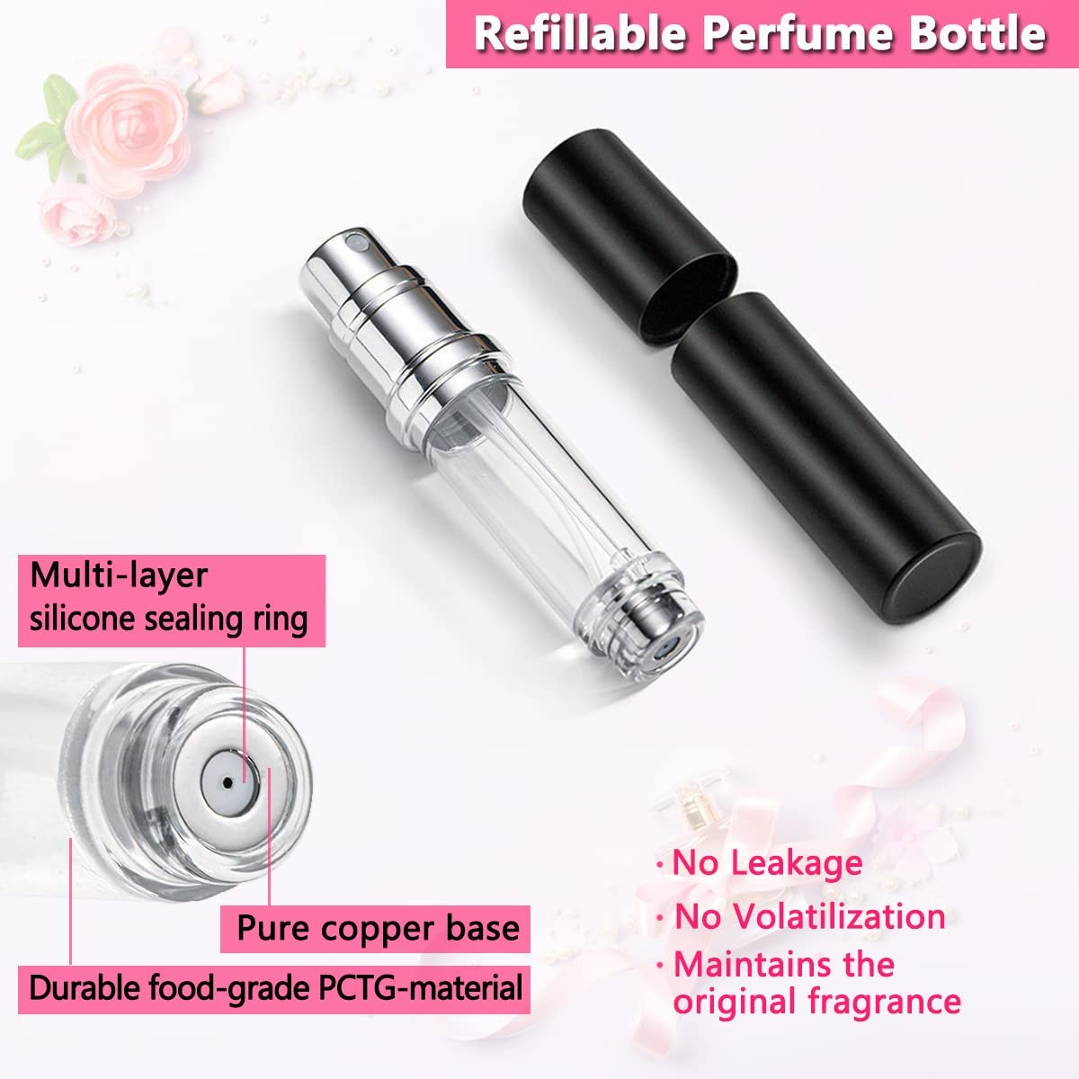 Travel Perfume Refillable Bottle Atomiser - 2-Pack 5ML ANTOKX Perfume Atomiser, Pocket Perfume Dispenser, Scent Pump Case, Leakproof Portable Perfume Sprayer for Women and Men (Black & Grey) image number 3