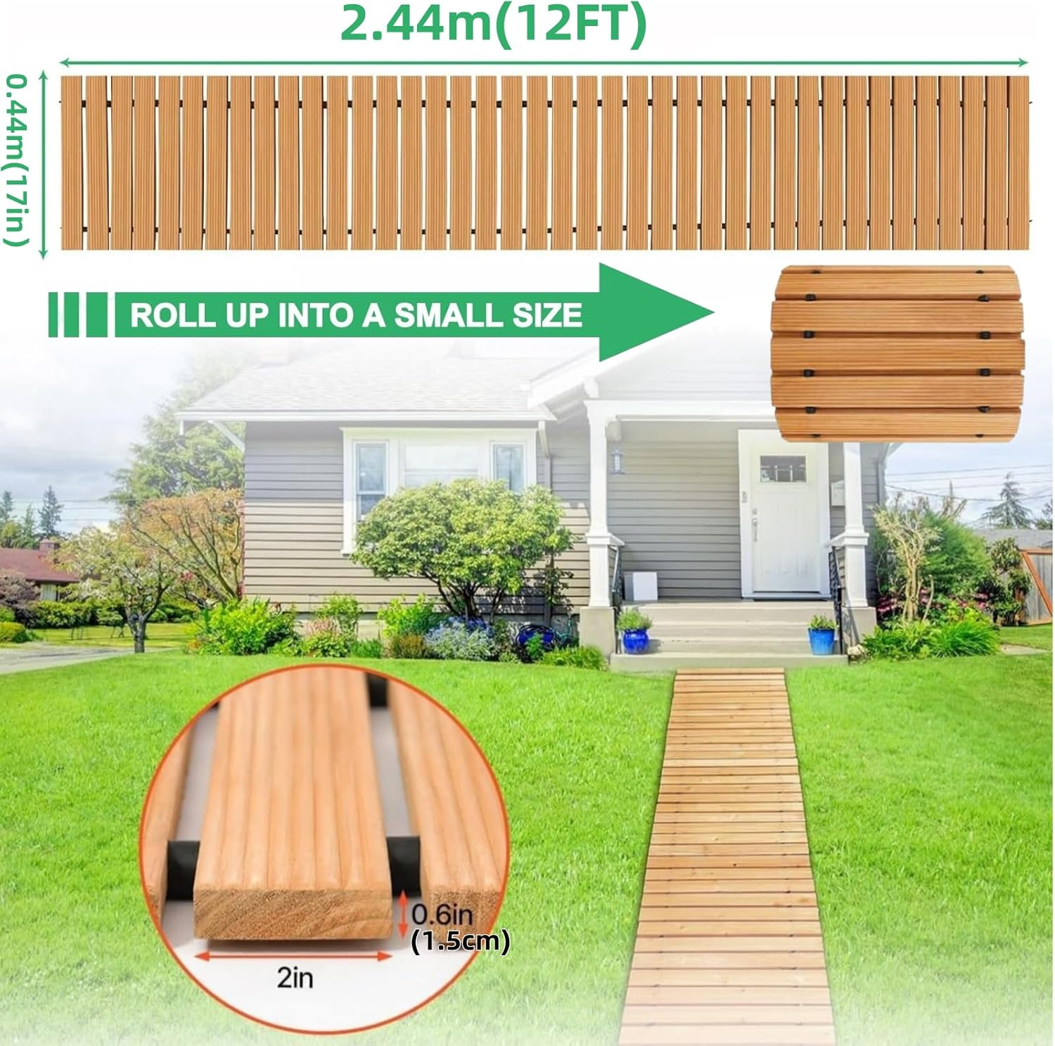 Zeyfon Wooden Garden Pathway, 2.44Mx 44Cm, Non-Slip Straight Garden Walkway, Roll Out Cedar Outdoor Walkway Path with Wire Rope Connection, Decorative Event Paver for Backyard Wedding Party image number 5