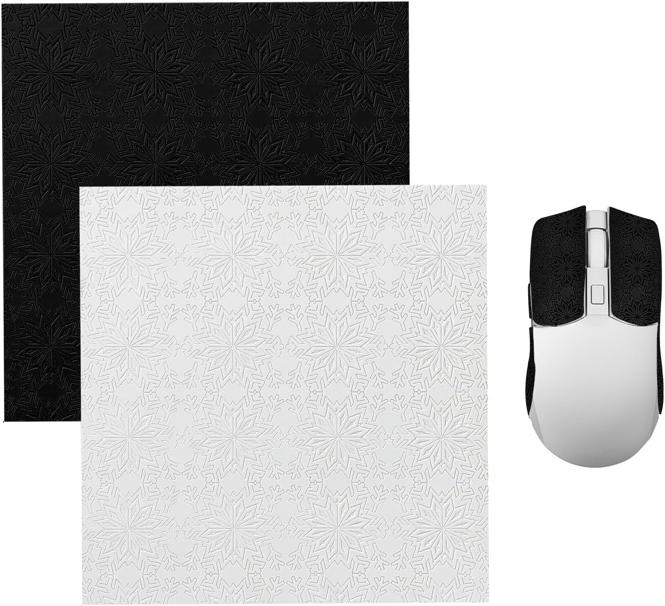 BOROLA DIY Adhesive Universal Mouse Anti-Slip Snowflake Grip Tape, Cut Sweat-Absorbing Ultra-Thin 0.3Mm Non-Slip Gaming Mice Skins Stickers for Any Brand(2Pcs Black+White, 12X11.5Cm/4.7X4.5In)