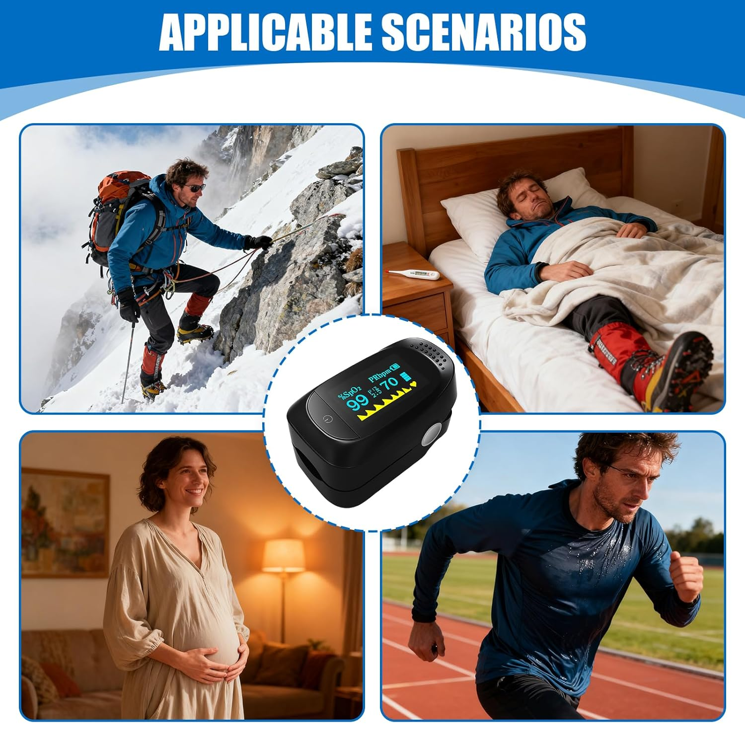 Fingertip Pulse Oximeter, Blood Oxygen Saturation Monitor with Dual-Colour OLED Screen, One-Button Operation for Spo2 Pulse Rate PI Index & Respiration Rate, Portable for Adults Kids Sports & Home Use