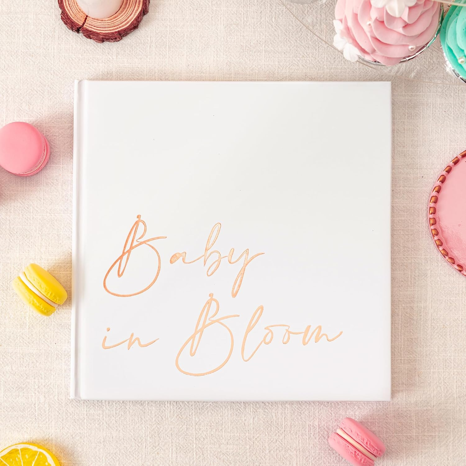 Calculs Baby in Bloom Picture Book Polaroid Baby Shower Guest Book Babies Scrapbook, White Cover, Rose Gold Foil Stamping, Blank White Pages