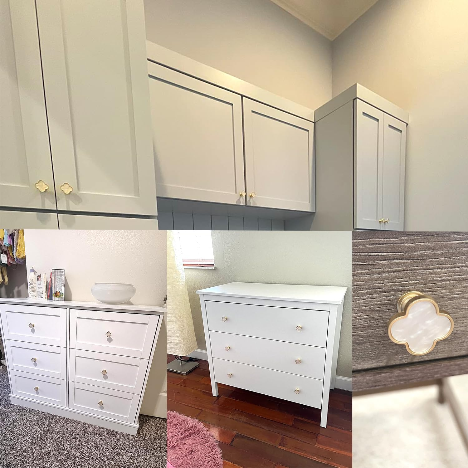 CPELLESSE 6 Pcs Clover Knobs Four-Leaf Handle Creative Cabinet Drawer Pulls Gold for Dresser Wardrobe Zinc Alloy Single Hole Door Handle(White) image number 4