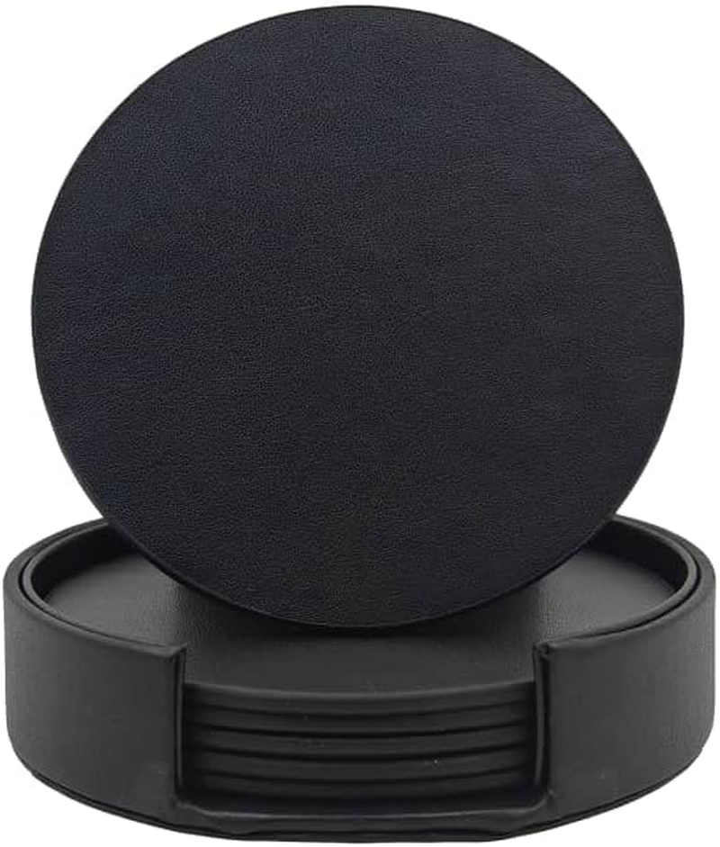 Vmila Leather Coasters for Drinks, 4" Drink Coasters Set of 6 with Holder for Tabletop Protection, Handmade Luxurious Home D&eacute;cor and Housewarming Gift (White Gold Marble Coaster)