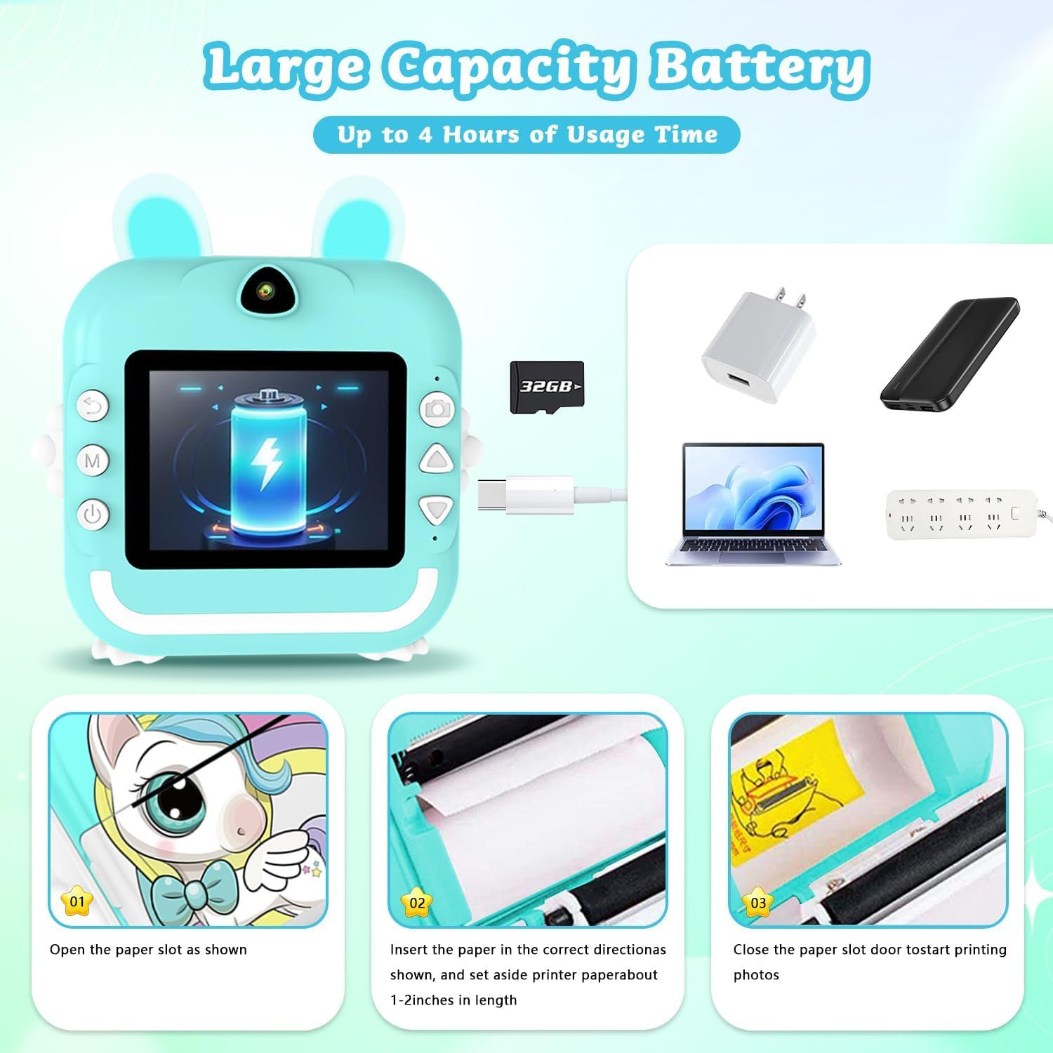 PTHTECHUS&reg; Kids Camera Instant Print, 2.4 Inch IPS 1080P Instant Camera for Kids, 48MP HD Digital Video Recorder with 32GB SD Card, Christmas Birthday Portable Toy for Age 3-12 Girls Boys ﻿ (Blue) image number 2