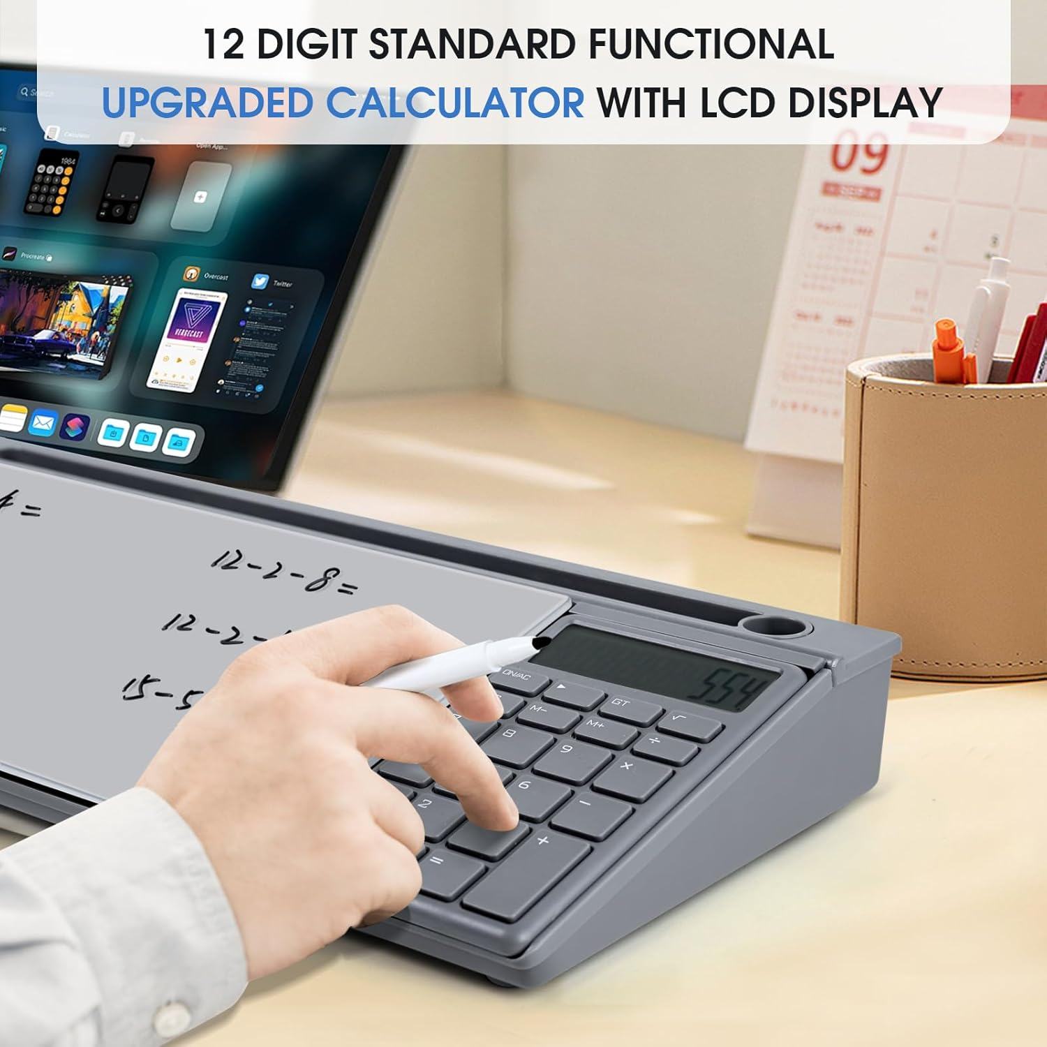 Varhomax Glass Desk Whiteboard Gray with Calculator, Desktop Organizer Dry Erase White Board with Storage, to Do List Memo Notepad for Home Office and School Supplies image number 5