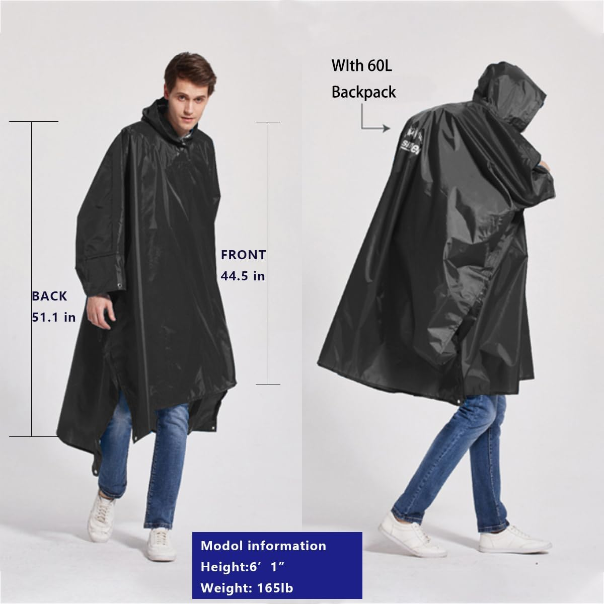 Waterproof Lightweight Reusable Rain Poncho with Adjustable Hood and Arms for Hiking, Camping, Raincoat for Men Women Adults, Large