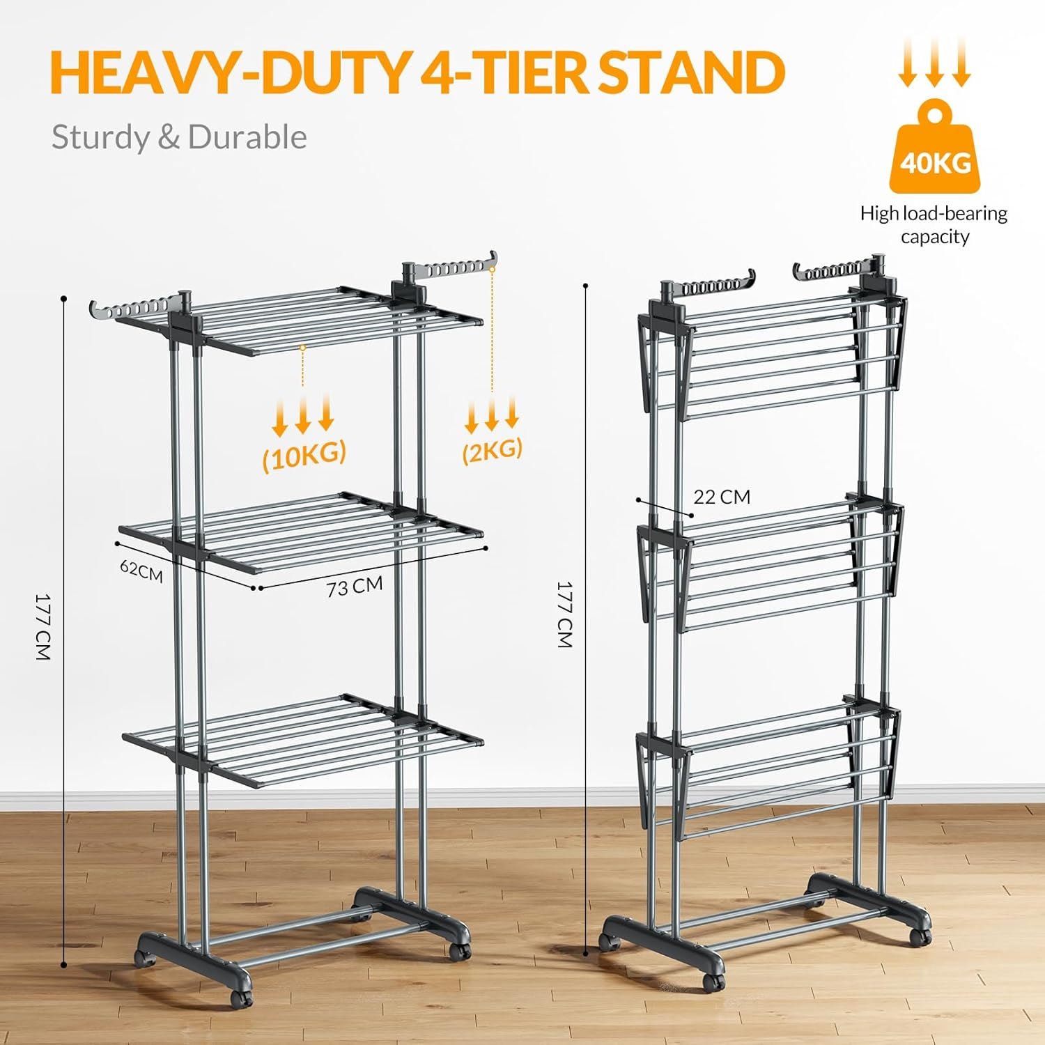 Hormes Clothes Drying Rack, Foldable 4 Tier Clothes Airer, Stainless Steel Clothes Horse with Two Side Foldable Wings, Laundry Drying Rack for Indoor & Outdoor Use, with Install-Friendly Hammer, Grey image number 4