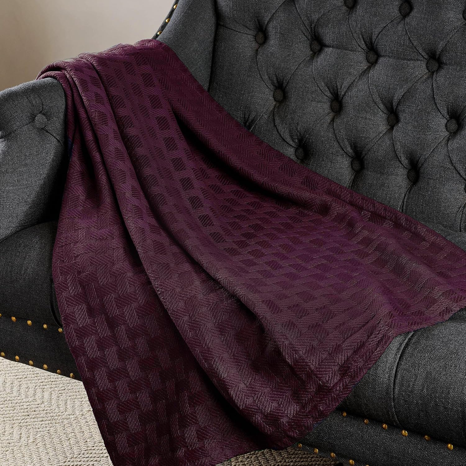 Superior 100% Cotton Thermal Blanket, Soft and Breathable Cotton for All Seasons, Bed Blanket and Oversized Throw Blanket with Luxurious Basket Weave Pattern - King Size, Plum image number 1