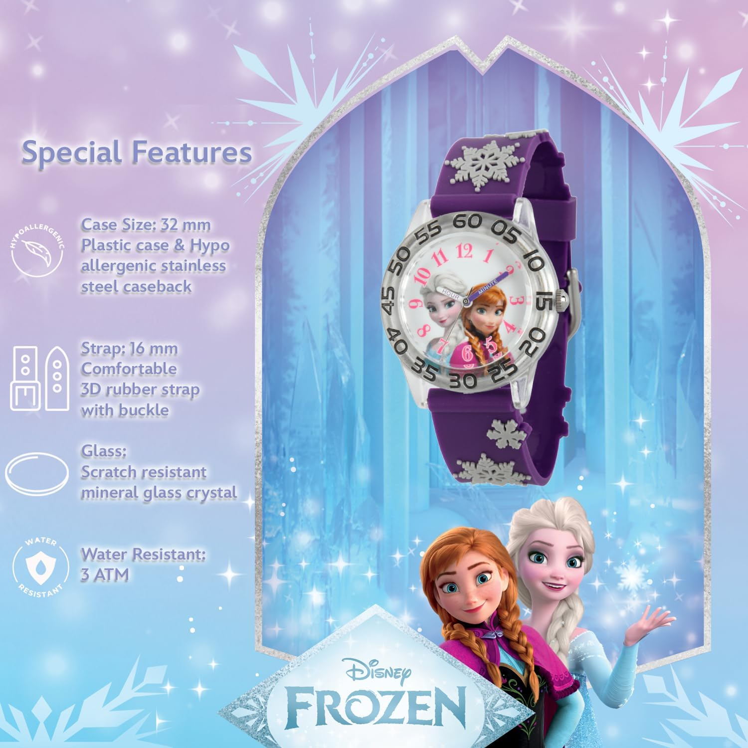 Disney Frozen Kids' Plastic Time Teacher Analog Quartz 3D Strap Watch, Purple, Plastic Kids image number 5